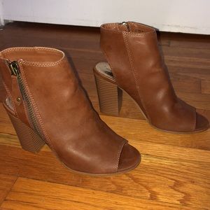 Tan open heeled booties